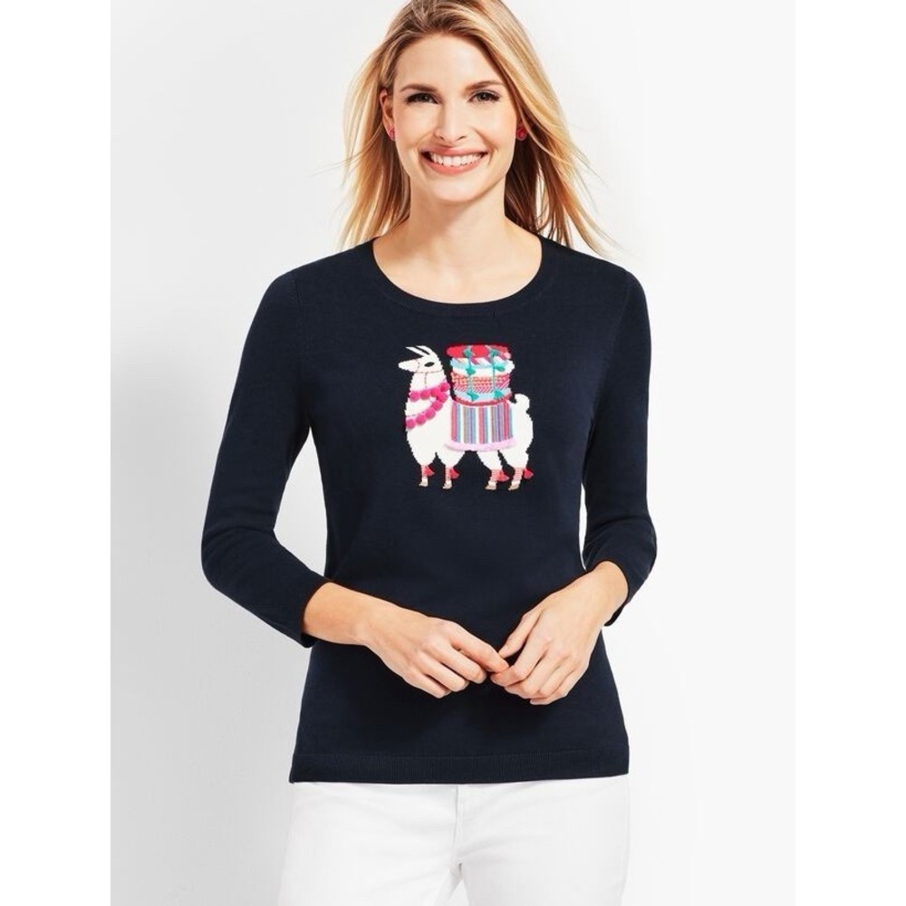 Talbots Llama Embellished Sweater Navy 3/4 Sleeve Colorful Womens M Crewneck